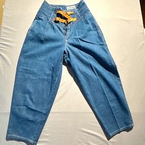 Vintage WORDS High Waisted Buckle Front Tapered Leg Denim Jeans Blue Size 3